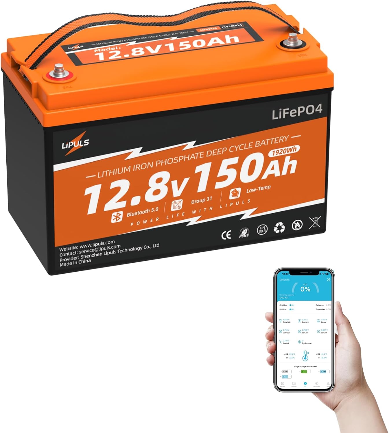 12V 150Ah Lithium Battery LiFePO4 Deep Cycle Battery, with Bluetooth and Low Temperature Protection, Built-in 200A BMS, Max.1920Wh Energy, 2560W Power, Perfect for Trolling Motor, RV, Solar System