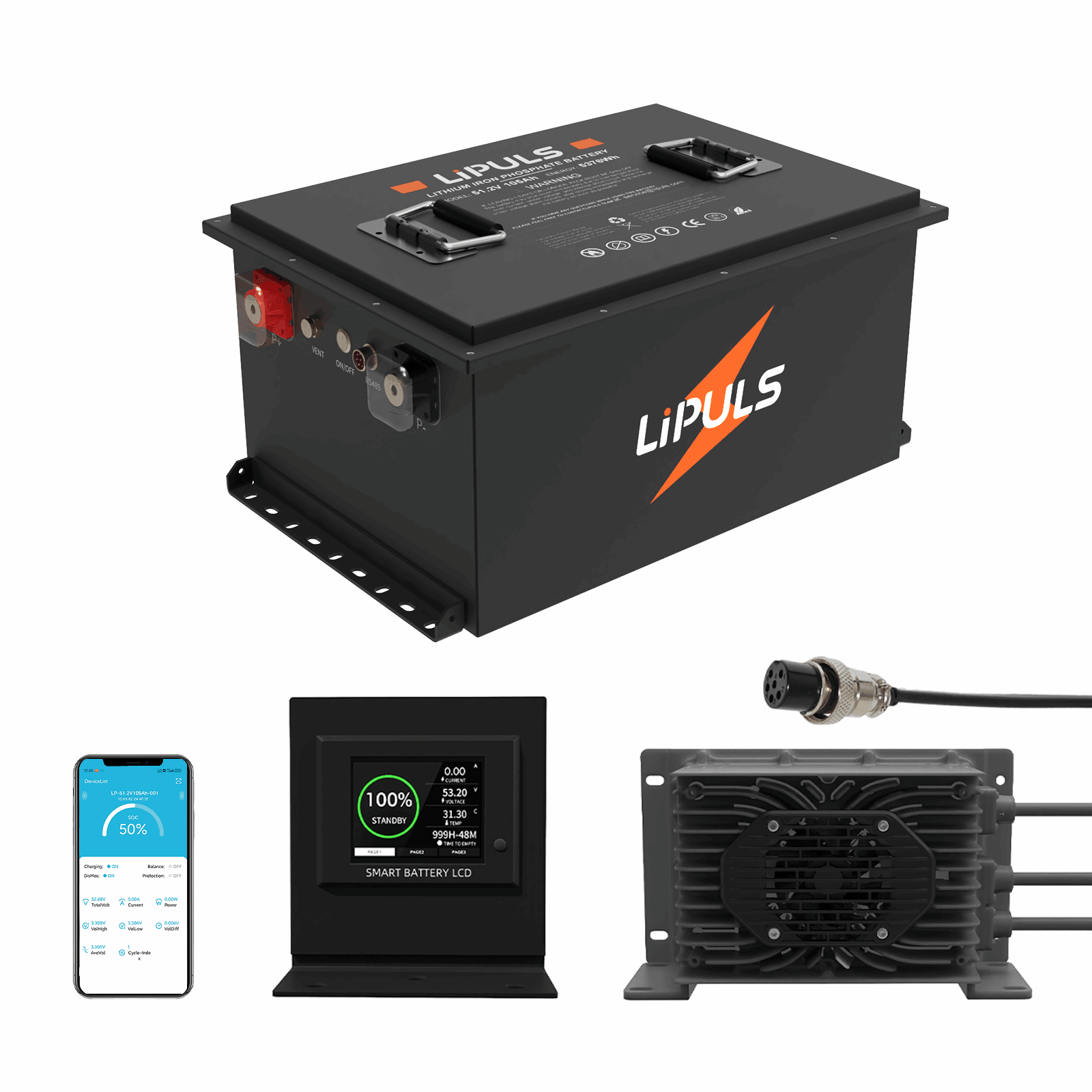 48V 105Ah Lithium Golf Cart Battery, Built-in Smart 300A BMS, Max 15.36kW Power Output with Touch Monitor & Mobile APP, Rechargeable LiFePO4 Battery with 20A Charger, Perfect for Golf Carts
