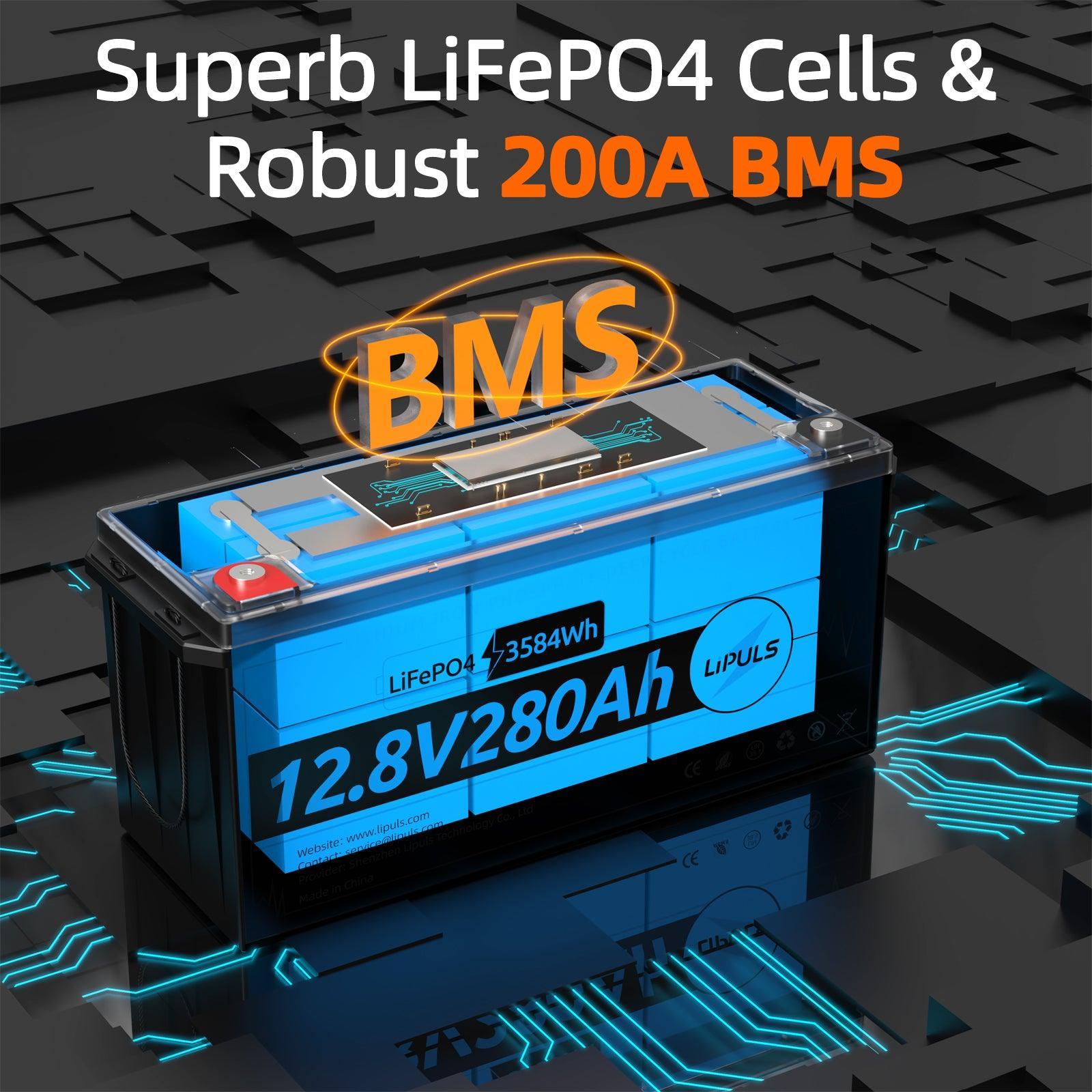 LiPULS 12V 280Ah LiFePO4 Lithium Battery, Built-in 200A BMS, 3584Wh Energy Lithium Deep Cycle Battery, 4000+ Deep Cycles, Max. 4P4S for RV, Off-Grid, Solar Home Backup, Trolling Motor, Marine, Camping - LiPULS
