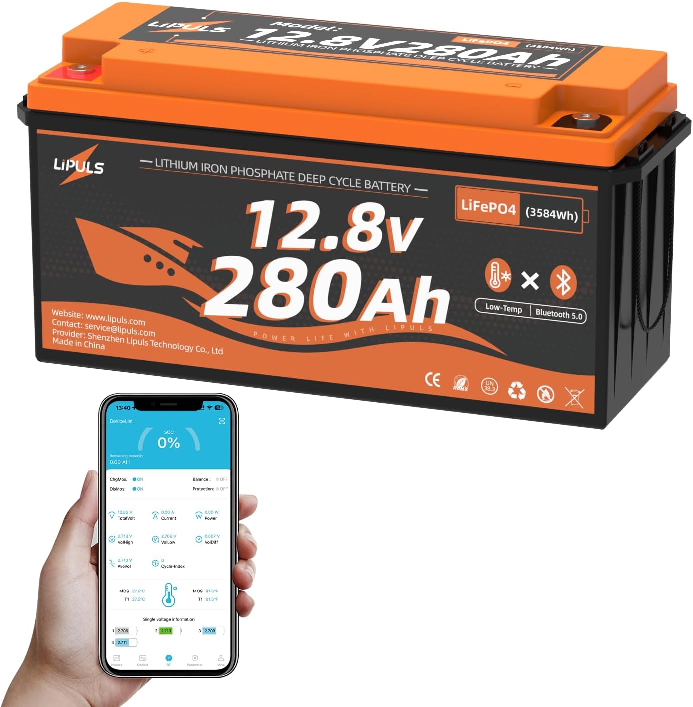 12V 280Ah LiFePO4 Lithium Battery, with Bluetooth & Low Temperature Cut-Off, Built-in 200A BMS, Max.3584Wh Energy, Up to 15000 Cycles, Perfect for Trolling Motor, RV, Camping, Solar System