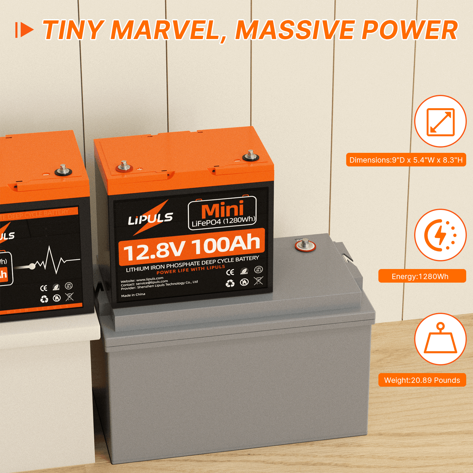 LiPULS 12V 100Ah Mini LiFePO4 Lithium Battery, Upgraded 100A BMS, Max. 1280Wh Energy - LiPULS