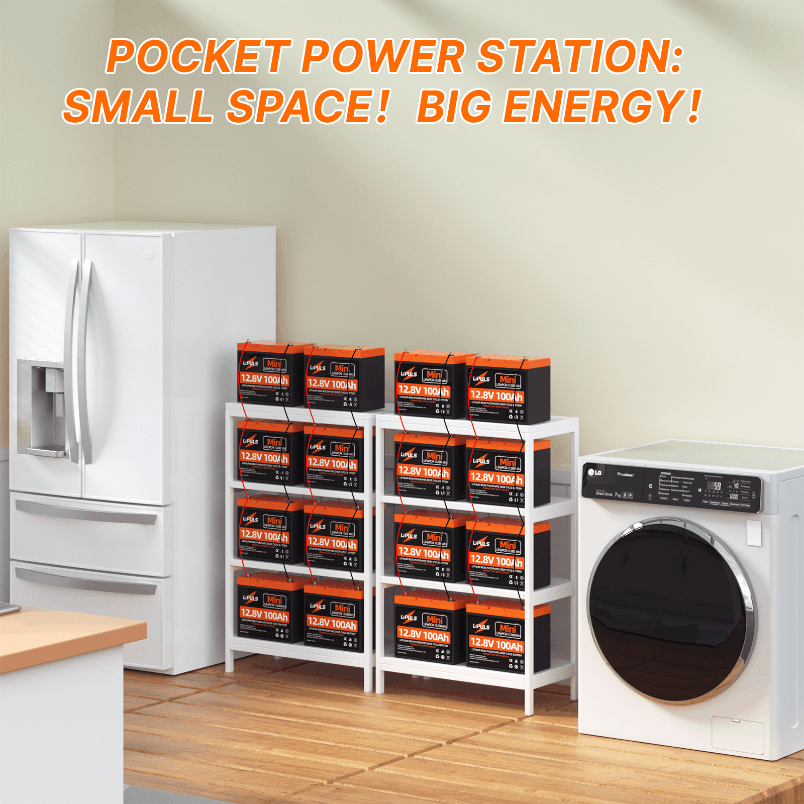 LiPULS 12V 100Ah Mini LiFePO4 Lithium Battery, Upgraded 100A BMS, Max. 1280Wh Energy (1-4 Pack Series)