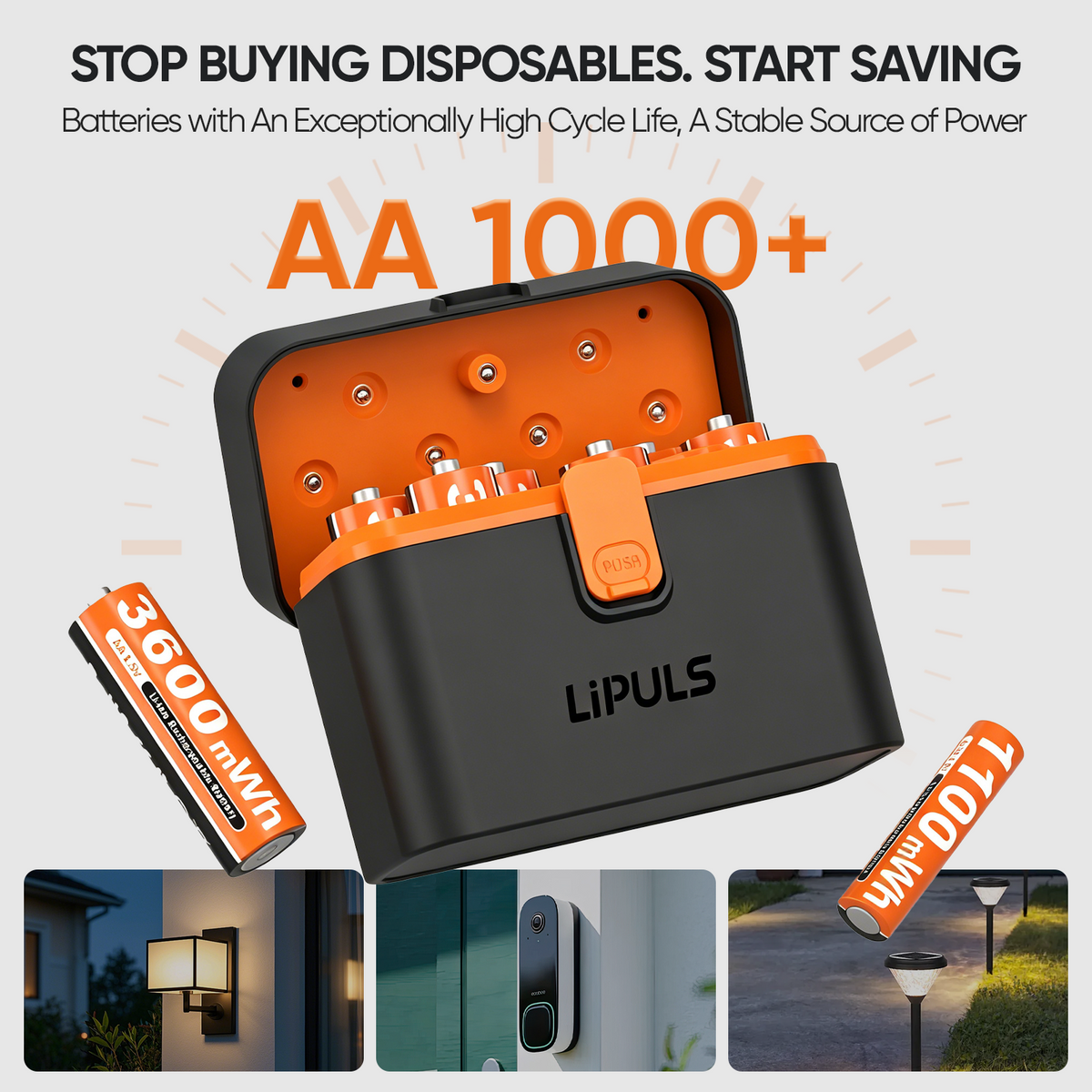 Rechargeable AA AAA Lithium Batteries with Smart Charger, 12 Pack 8 AA & 4 AAA with AAA Adapter, 1.5V Constant Output, 3600mWh/1100mWh High Capacity, Integrated Charging Storage Case for Xbox Controller, Smart Lock, VR Headset & Home Devices