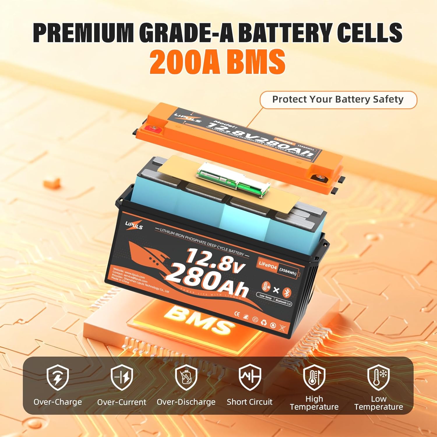 12V 280Ah LiFePO4 Lithium Battery, with Bluetooth & Low Temperature Cut-Off, Built-in 200A BMS, Max.3584Wh Energy, Up to 15000 Cycles, Perfect for Trolling Motor, RV, Camping, Solar System