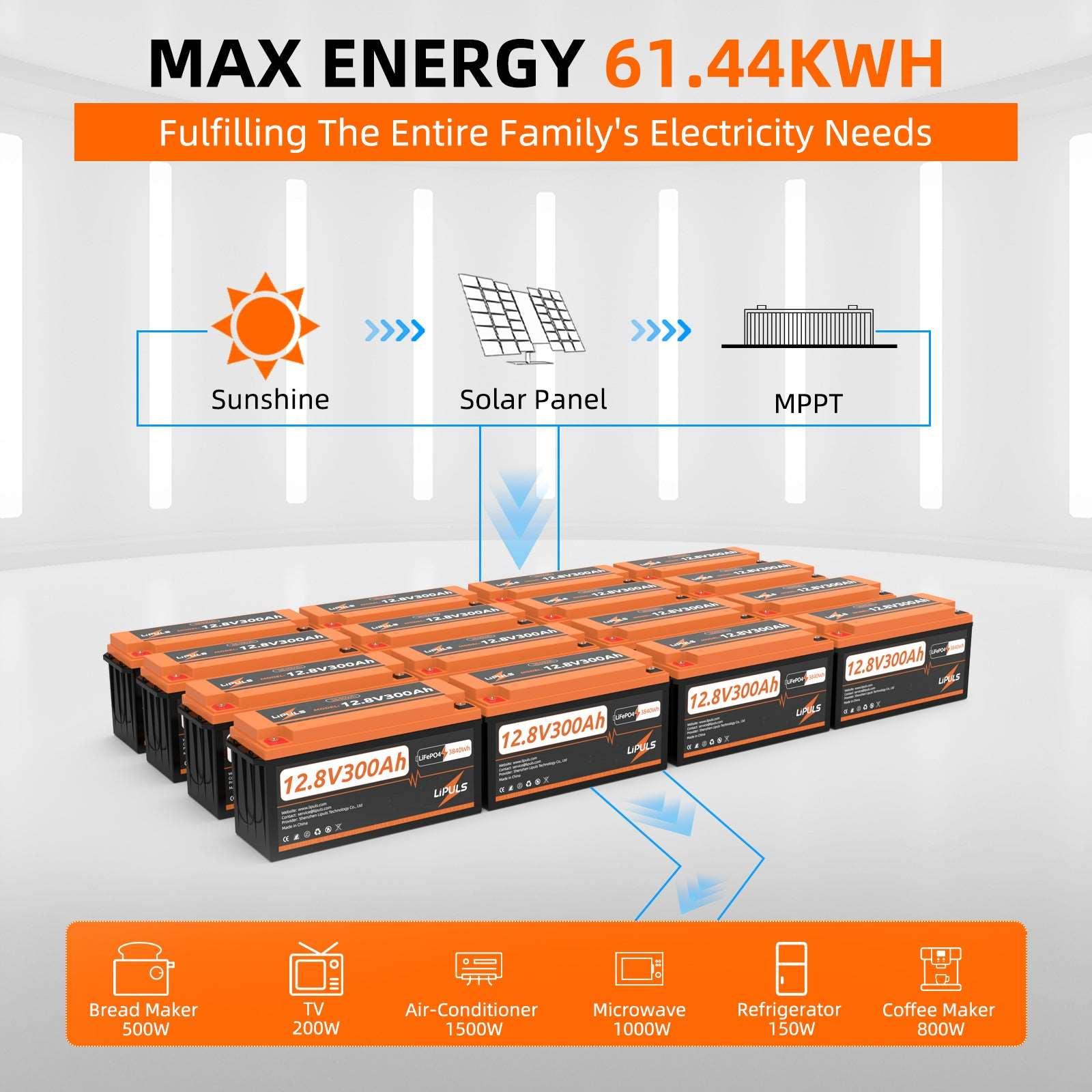 LiPULS 12V 300Ah LiFePO4 Lithium Battery, Built-in 200A BMS, 3840W Load Power (1-4 Pack Series)
