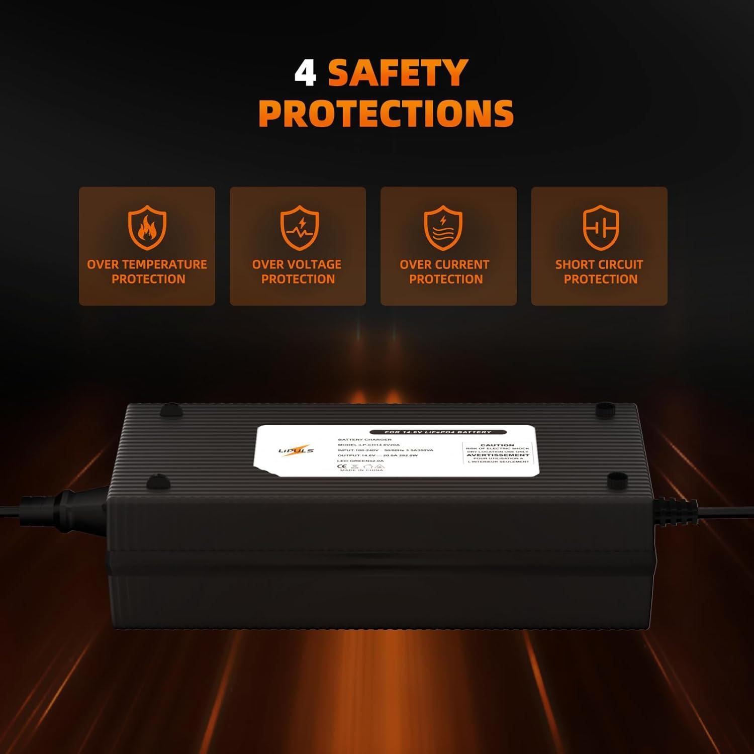 LiPULS 14.6V 20A LiFePO4 Lithium Battery Charger, Perfect for 12V LiFePO4 Battery Recharging, 0V Charging Function to Repair Long-unused Battery, Support Fast Charging