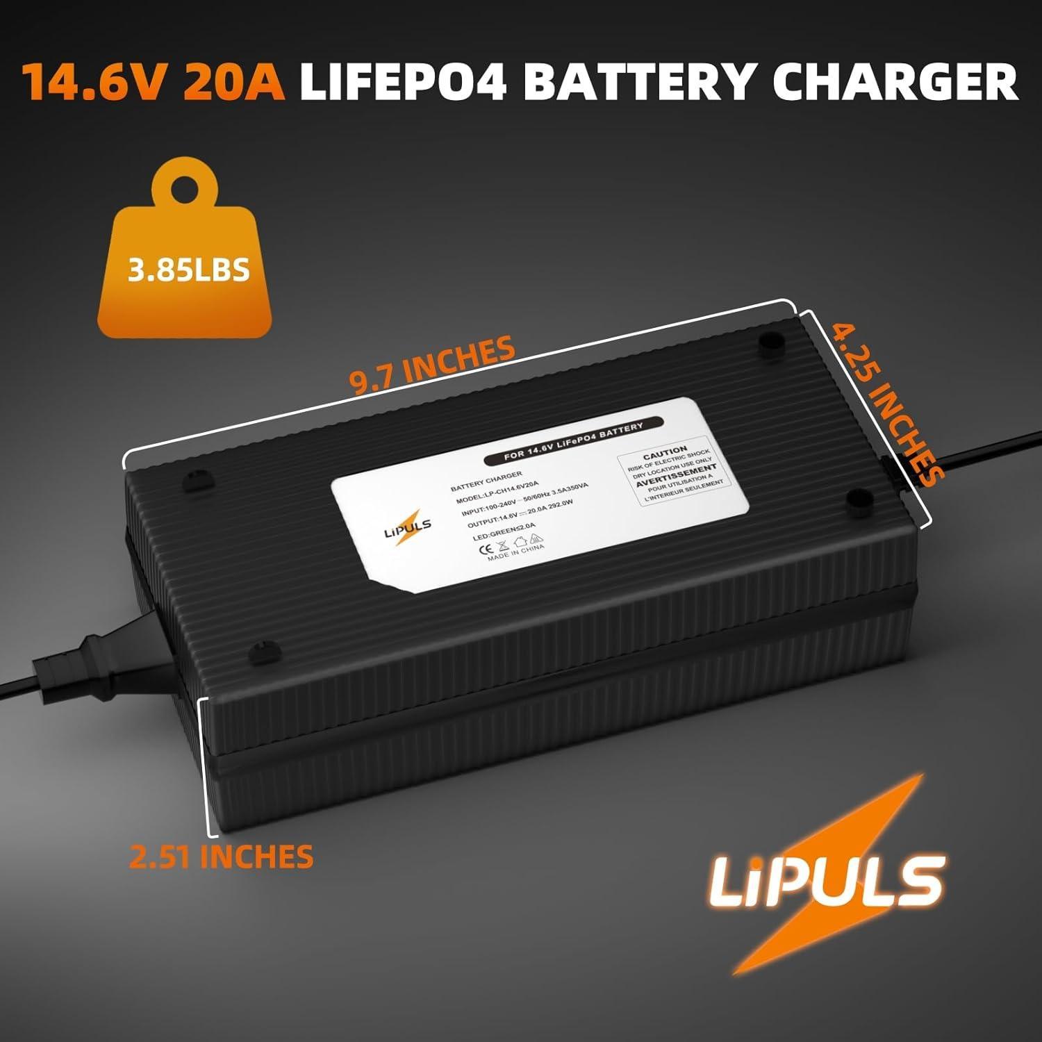 LiPULS 14.6V 20A LiFePO4 Lithium Battery Charger, Perfect for 12V LiFePO4 Battery Recharging, 0V Charging Function to Repair Long-unused Battery, Support Fast Charging