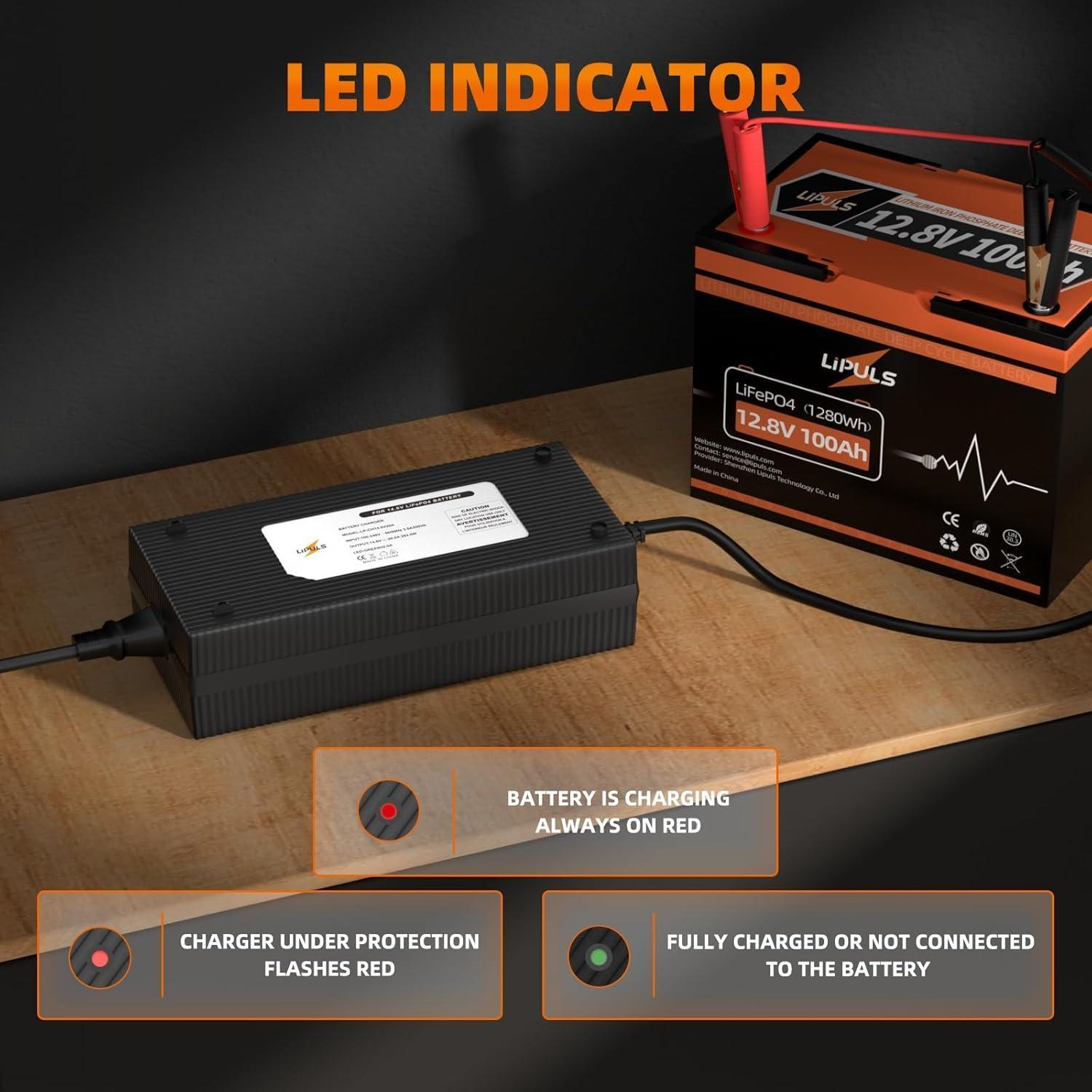 LiPULS 14.6V 20A LiFePO4 Lithium Battery Charger, Perfect for 12V LiFePO4 Battery Recharging, 0V Charging Function to Repair Long-unused Battery, Support Fast Charging