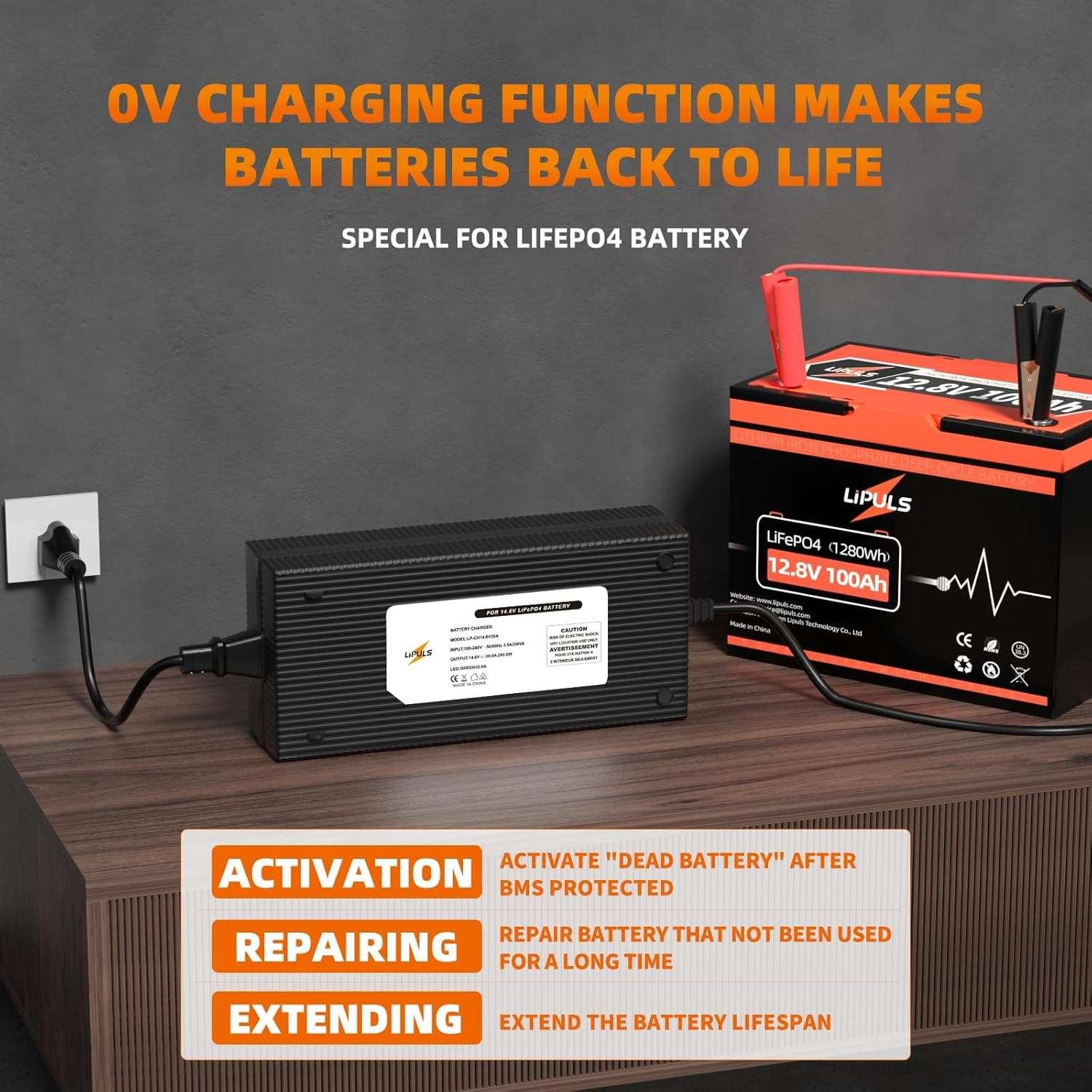 14.6V 20A LiFePO4 Lithium Battery Charger, Perfect for 12V LiFePO4 Battery Recharging, 0V Charging Function to Repair Long-unused Battery, Support Fast Charging