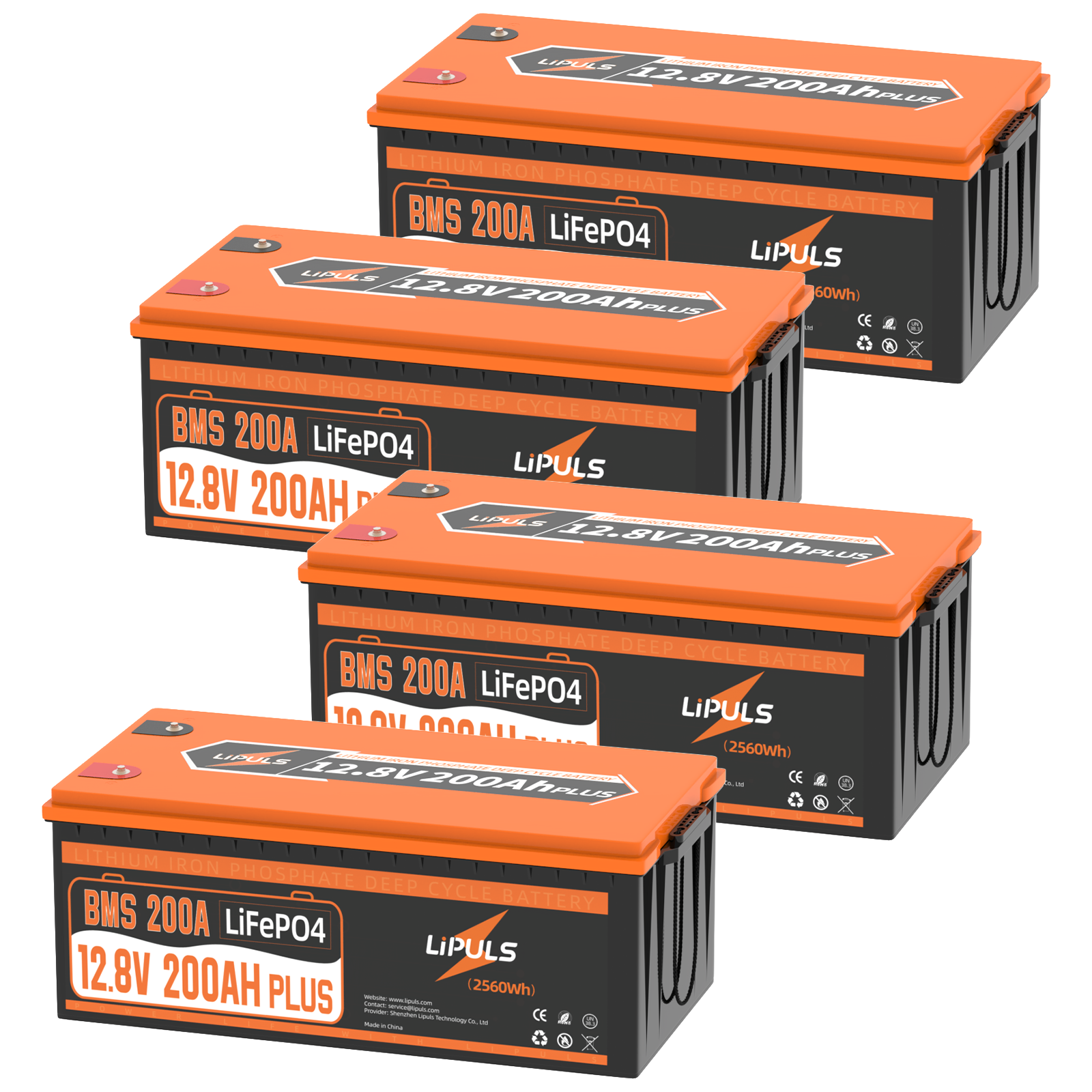 LiPULS 12V 200Ah Plus LiFePO4 Lithium Battery, Built-in 200A BMS, 2560W Load Power (1-4 Pack Series)