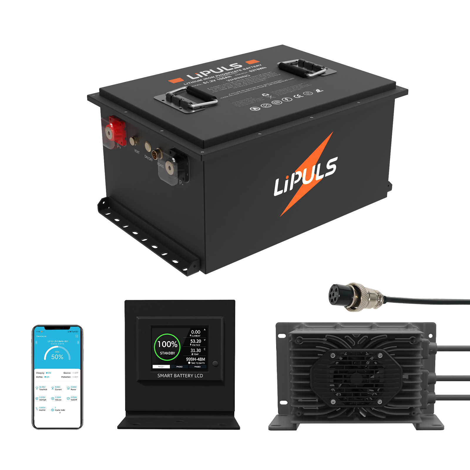 48V 105Ah Lithium Golf Cart Battery, Built-in Smart 300A BMS, Max 15.36kW Power Output with Touch Monitor & Mobile APP, Rechargeable LiFePO4 Battery with 20A Charger, Perfect for Golf Carts