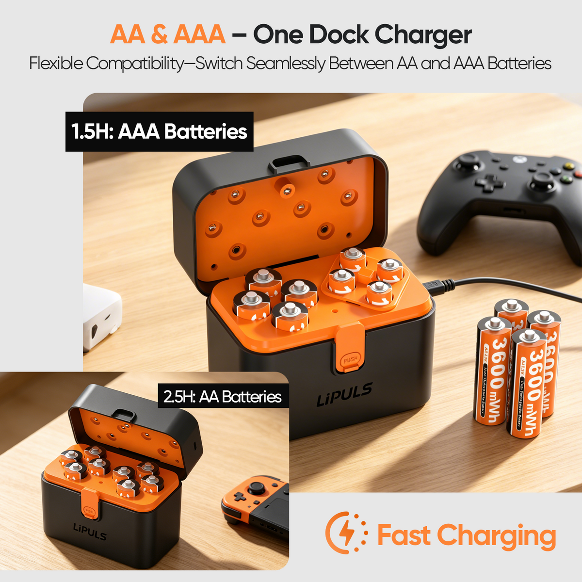 Rechargeable AA AAA Lithium Batteries with Smart Charger, 12 Pack 8 AA & 4 AAA with AAA Adapter, 1.5V Constant Output, 3600mWh/1100mWh High Capacity, Integrated Charging Storage Case for Xbox Controller, Smart Lock, VR Headset & Home Devices