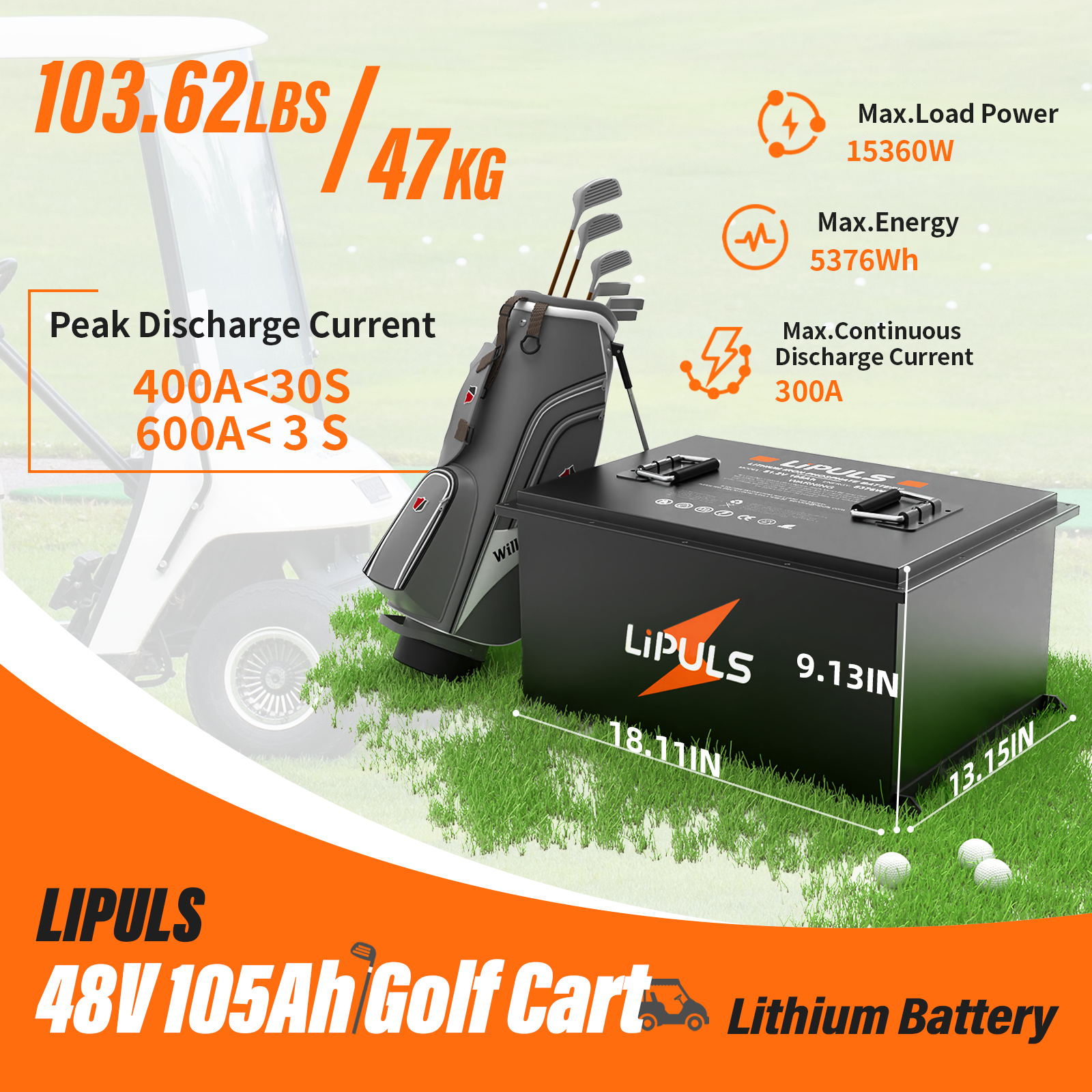 48V 105Ah Lithium Golf Cart Battery, Built-in Smart 300A BMS, Max 15.36kW Power Output with Touch Monitor & Mobile APP, Rechargeable LiFePO4 Battery with 20A Charger, Perfect for Golf Carts