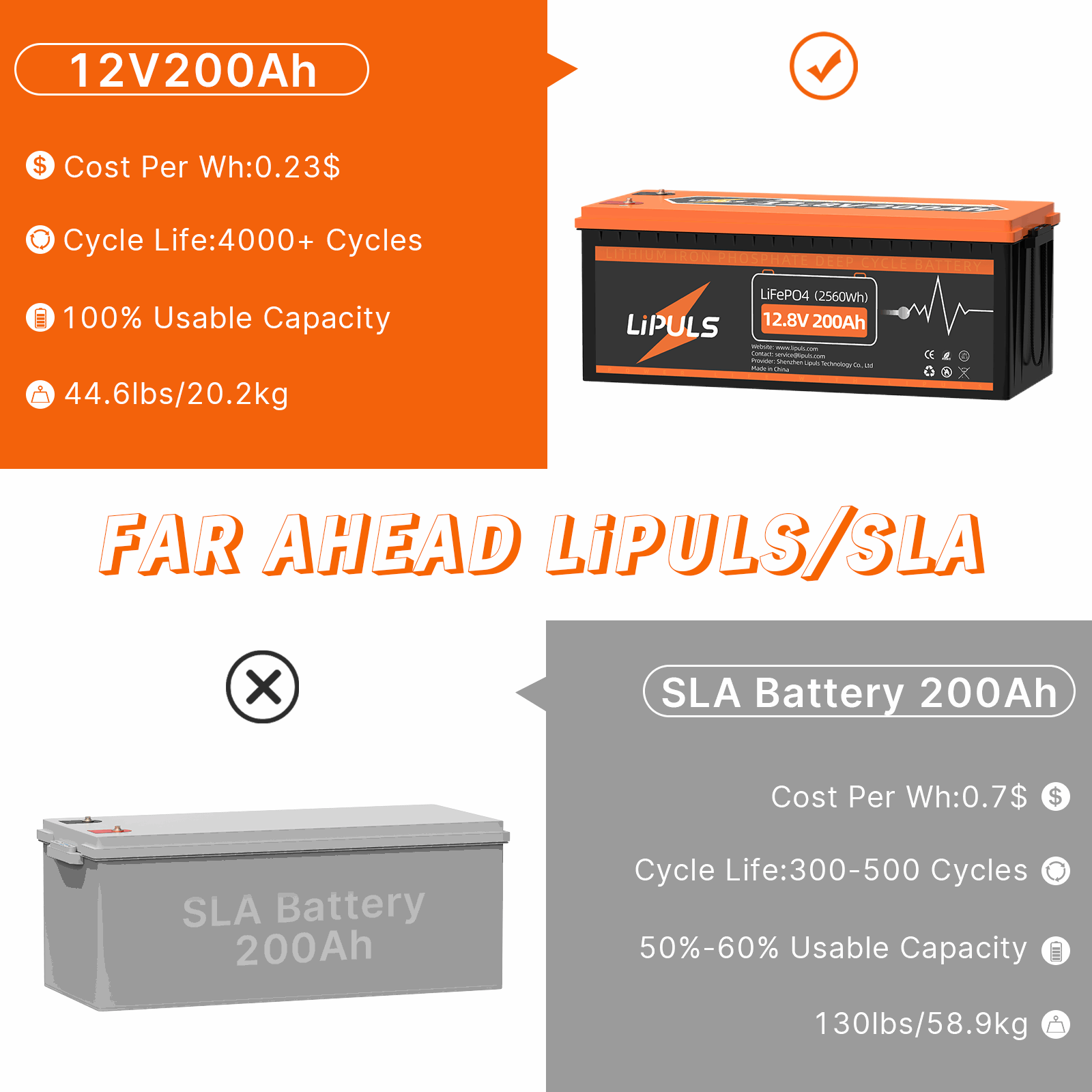 LiPULS 12V 200Ah LiFePO4 Lithium Battery, 100A BMS, Deep Cycle Battery (1-4 Pack Series)