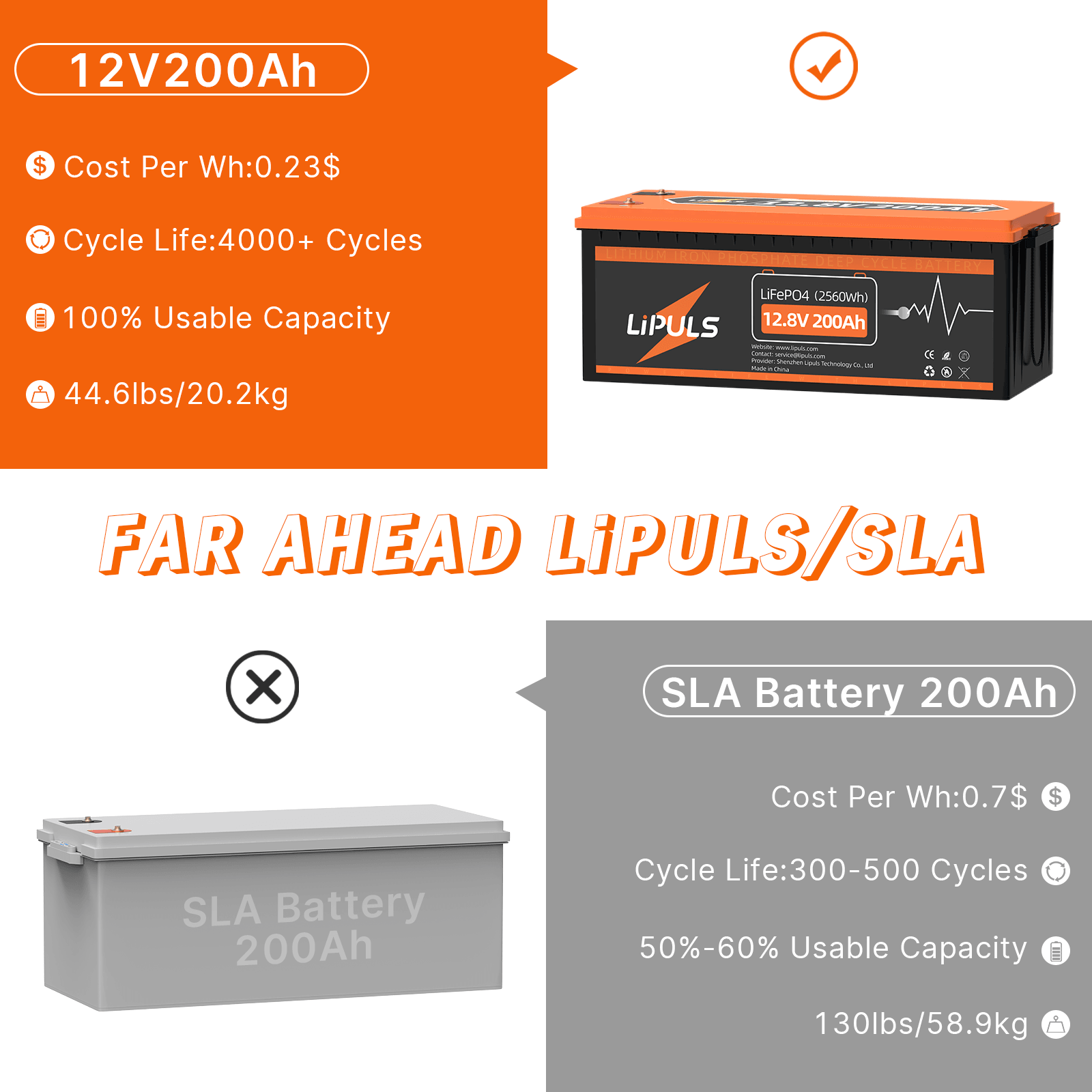 LiPULS 12V 200Ah LiFePO4 Lithium Battery, 100A BMS, Deep Cycle Battery - LiPULS