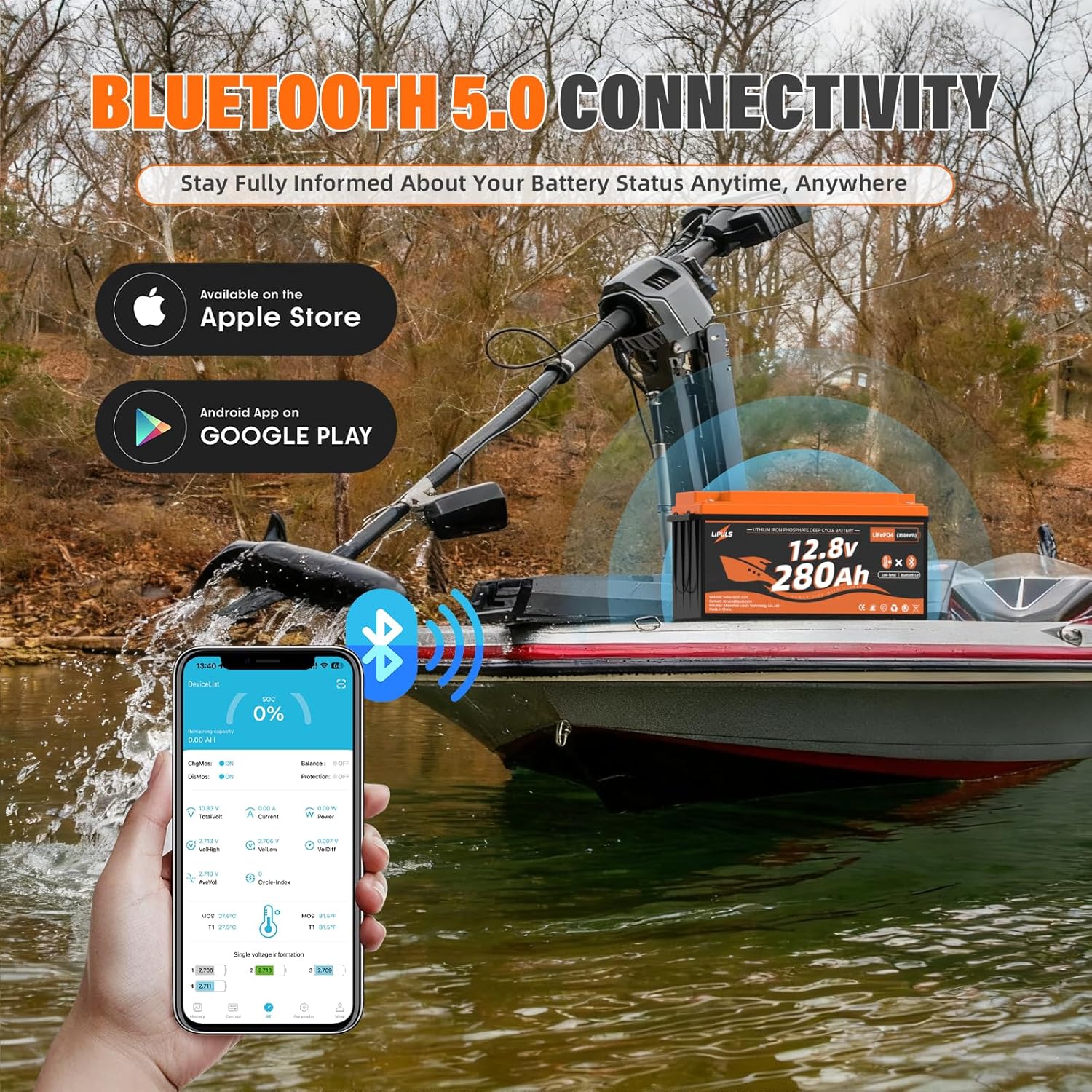 12V 280Ah LiFePO4 Lithium Battery, with Bluetooth & Low Temperature Cut-Off, Built-in 200A BMS, Max.3584Wh Energy, Up to 15000 Cycles, Perfect for Trolling Motor, RV, Camping, Solar System