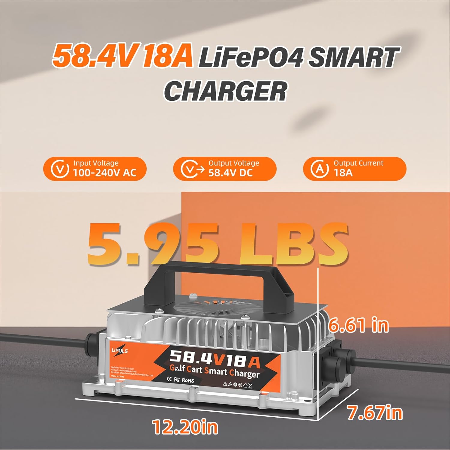 58.4V 18A Charger for 48V LiFePO4 Batteries, with LED Indicators, 4 Safety Protections, Support Fast Charging and 0V Charging Function