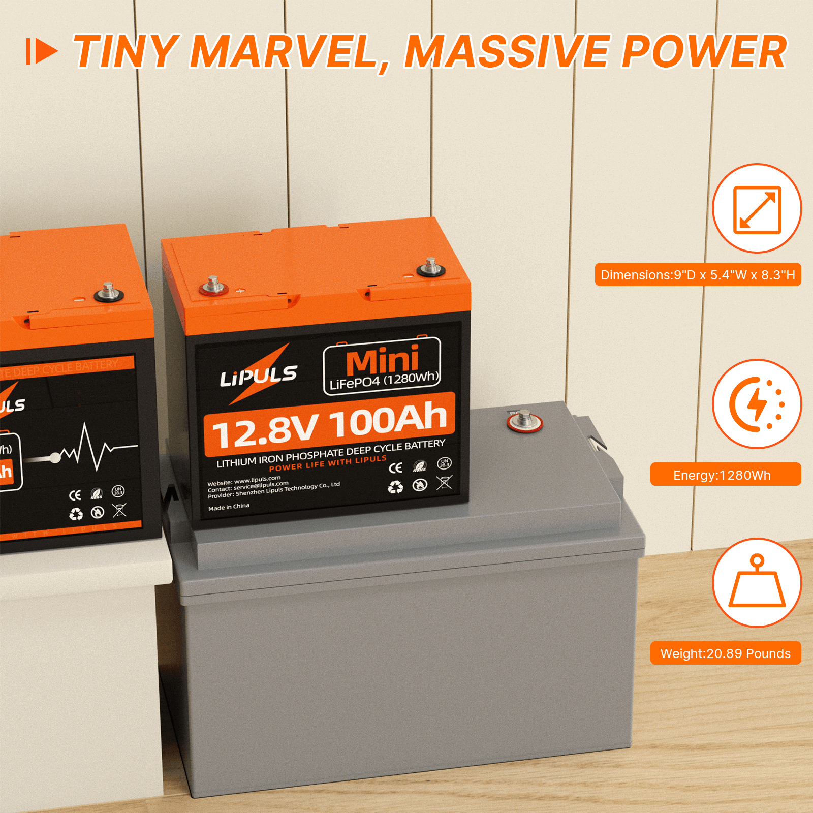 LiPULS 12V 100Ah Mini LiFePO4 Lithium Battery, Upgraded 100A BMS, Max. 1280Wh Energy - LiPULS