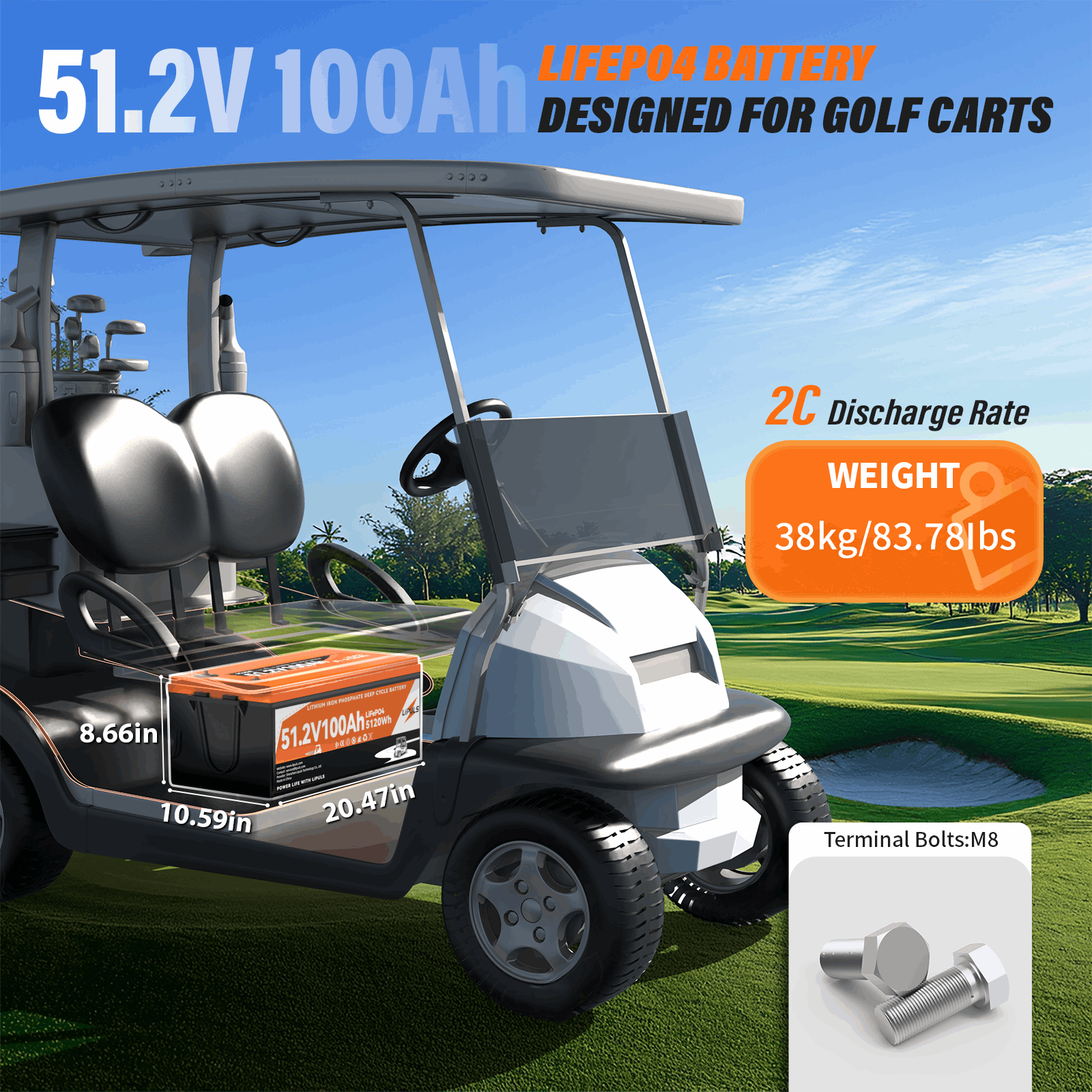 LiPULS 51.2V 100Ah Lithium Golf Cart Battery, 48V Bluetooth LiFePO4 Battery with Smart 200A BMS & Low-Temp Protection, Max 10.24kW Power Output