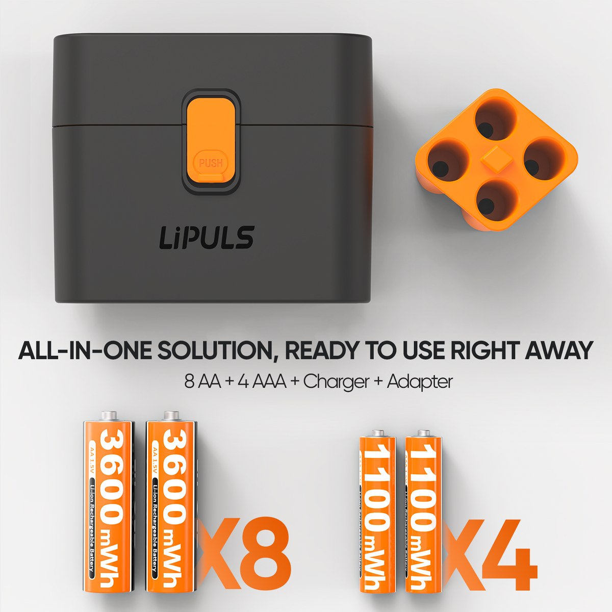 Rechargeable AA AAA Lithium Batteries with Smart Charger, 12 Pack 8 AA & 4 AAA with AAA Adapter, 1.5V Constant Output, 3600mWh/1100mWh High Capacity, Integrated Charging Storage Case for Xbox Controller, Smart Lock, VR Headset & Home Devices