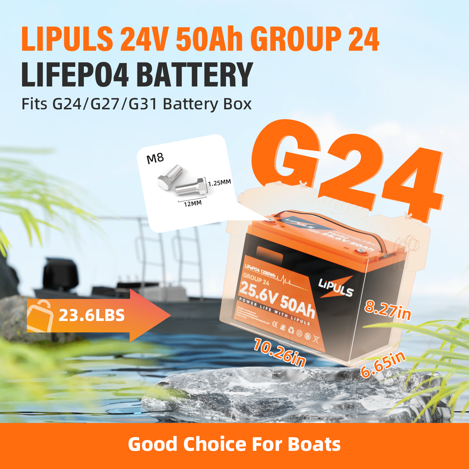 LiFePO4 24V 50Ah Group24 Lithium Battery, Built-in 100A BMS,2560W Load Power