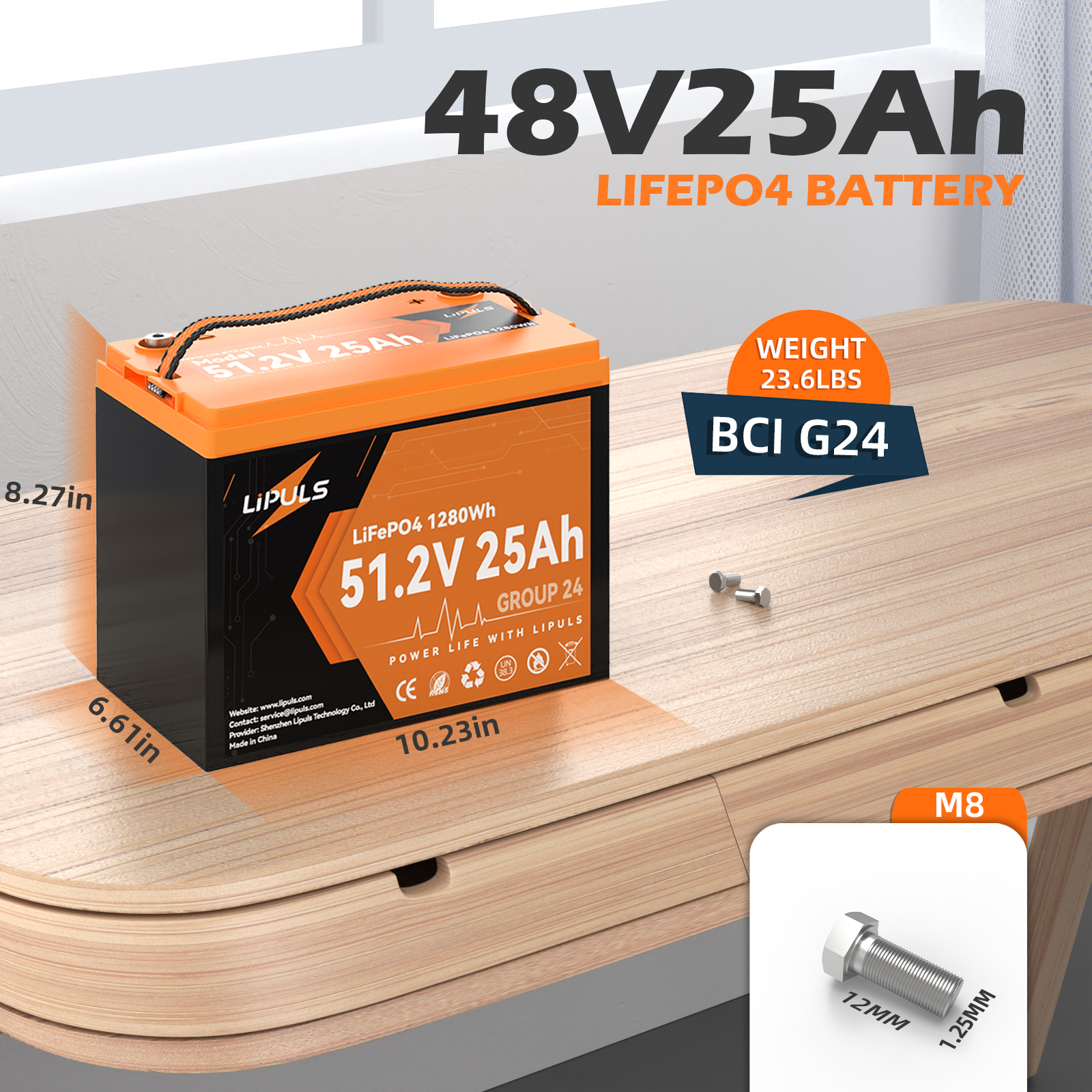 LiPULS 48V 25Ah Group 24 LiFePO4 Lithium Battery,Built-in 50A BMS,1280Wh Energy