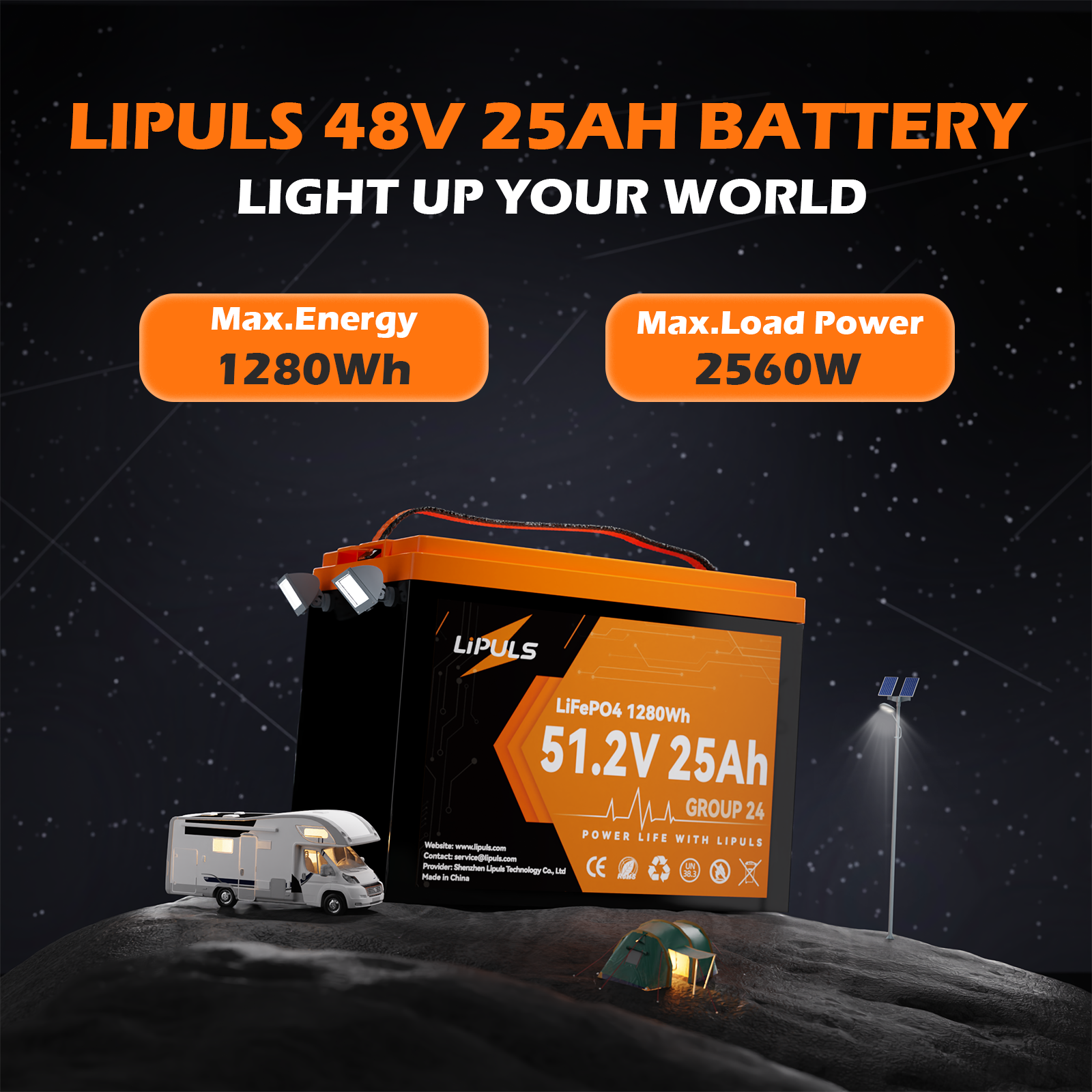 LiPULS 48V 25Ah Group 24 LiFePO4 Lithium Battery,Built-in 50A BMS,1280Wh Energy