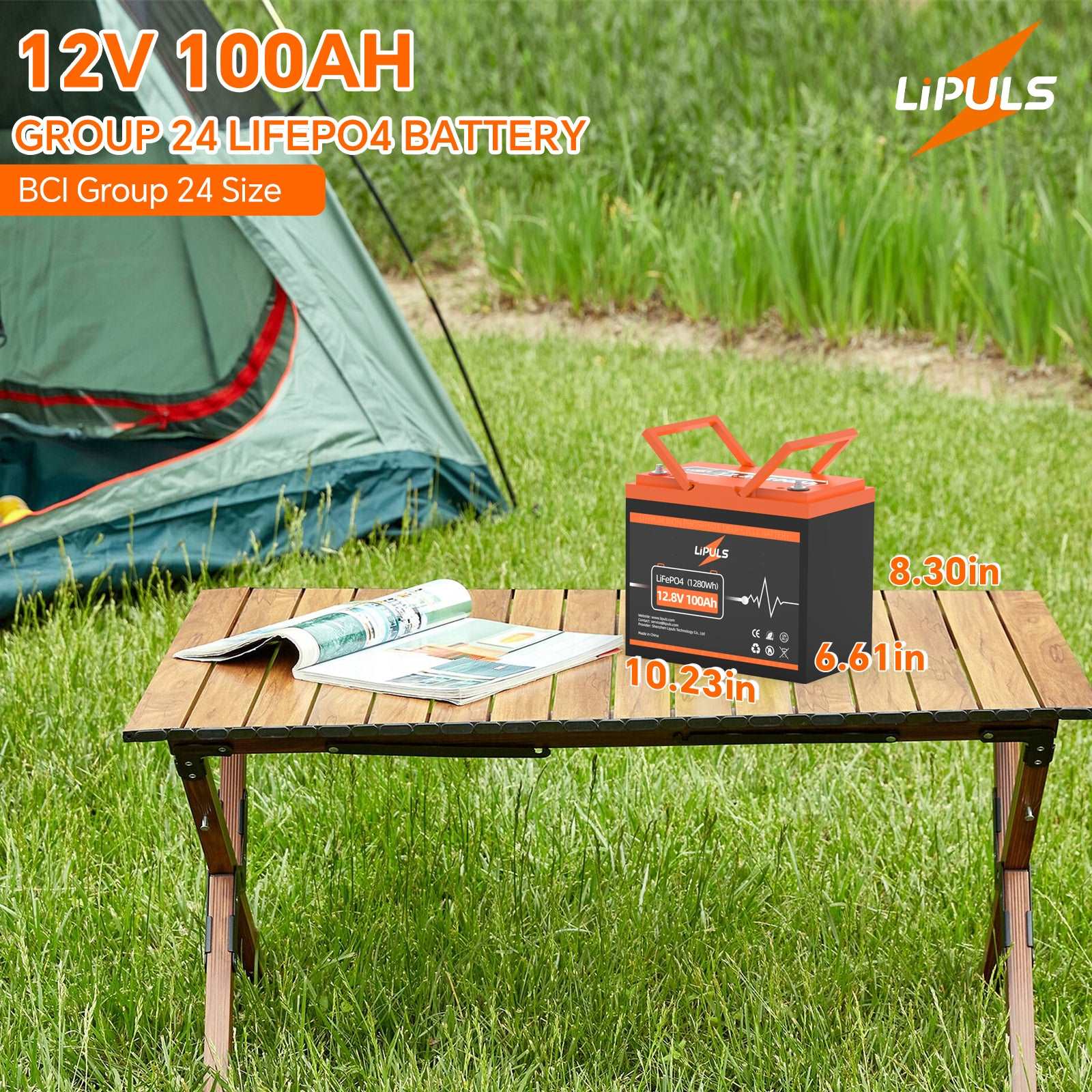 LiPULS 12V 100Ah Group 24 LiFePO4 Lithium Battery, Built-in 100A BMS, 1280Wh Energy