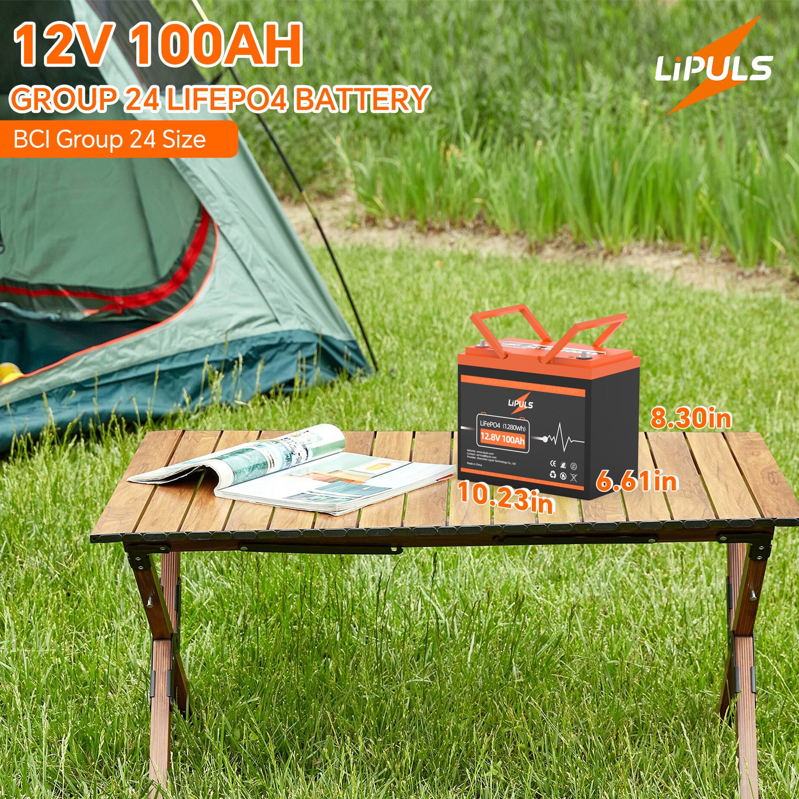 LiPULS 12V 100Ah Group 24 LiFePO4 Lithium Battery, Built-in 100A BMS, 1280Wh Energy (1-4 Pack Series)