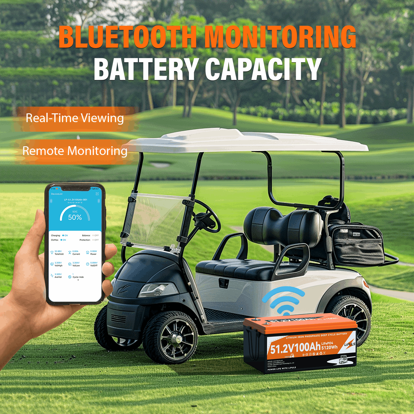 LiPULS 51.2V 100Ah Lithium Golf Cart Battery, 48V Bluetooth LiFePO4 Battery with Smart 200A BMS & Low-Temp Protection, Max 10.24kW Power Output