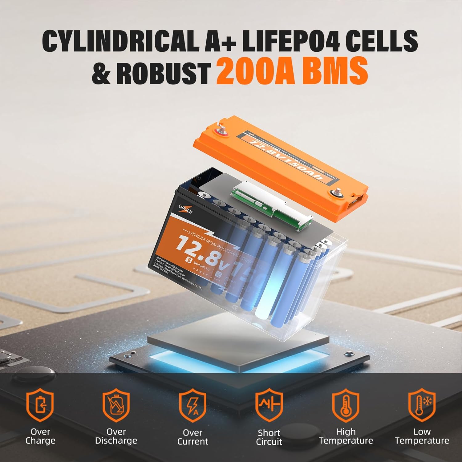 12V 150Ah Lithium Battery LiFePO4 Deep Cycle Battery, with Bluetooth and Low Temperature Protection, Built-in 200A BMS, Max.1920Wh Energy, 2560W Power, Perfect for Trolling Motor, RV, Solar System