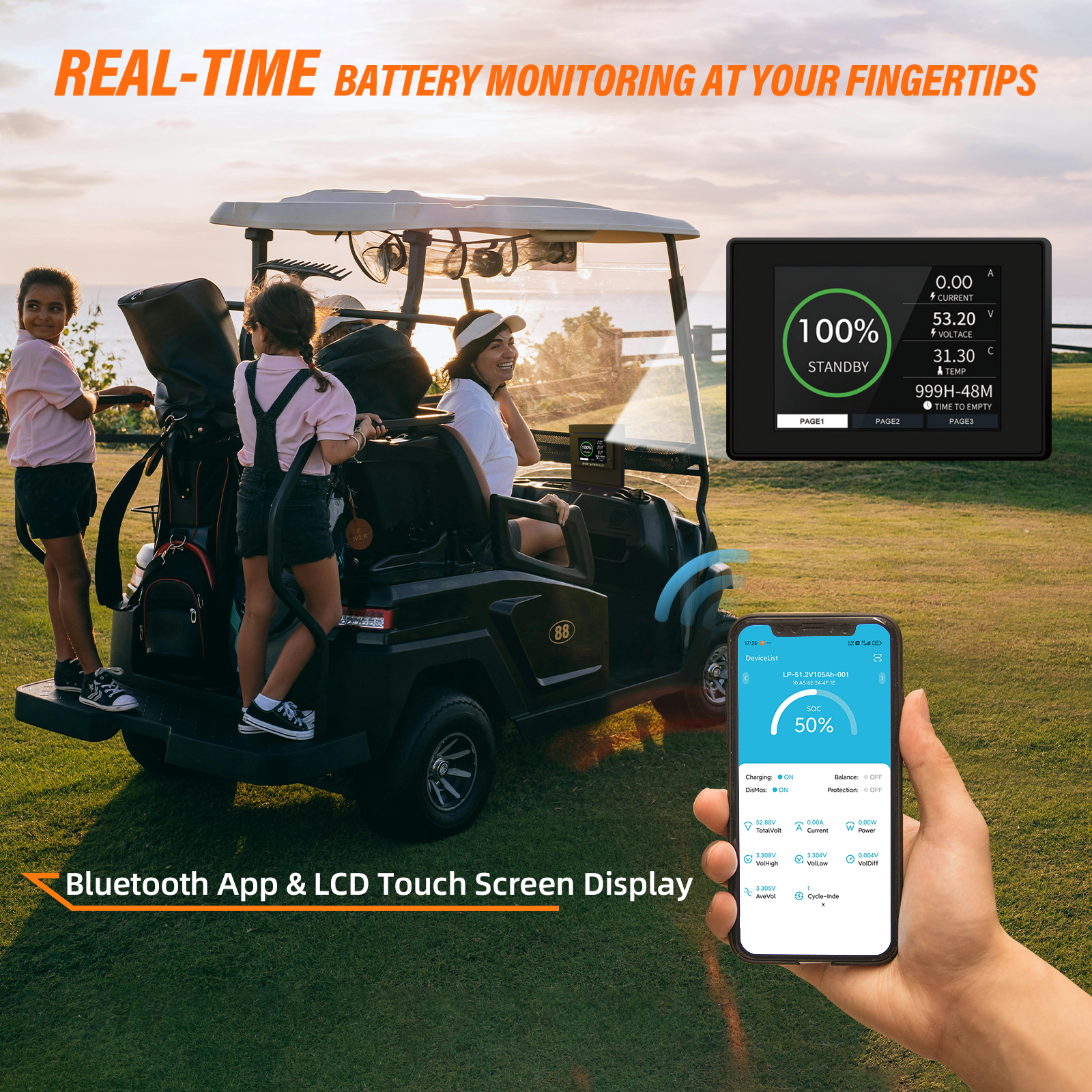 48V 105Ah Lithium Golf Cart Battery, Built-in Smart 300A BMS, Max 15.36kW Power Output with Touch Monitor & Mobile APP, Rechargeable LiFePO4 Battery with 20A Charger, Perfect for Golf Carts