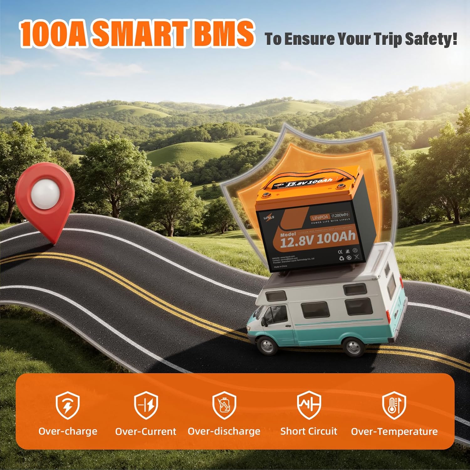 12V 100Ah LiFePO4 Lithium Battery, Group 24 Lithium Battery Built-in 100A BMS and Grade A Cells, 15000 Cycles, Max.1280Wh Energy, Perfect for Trolling Motor, RV, Camping, Solar System