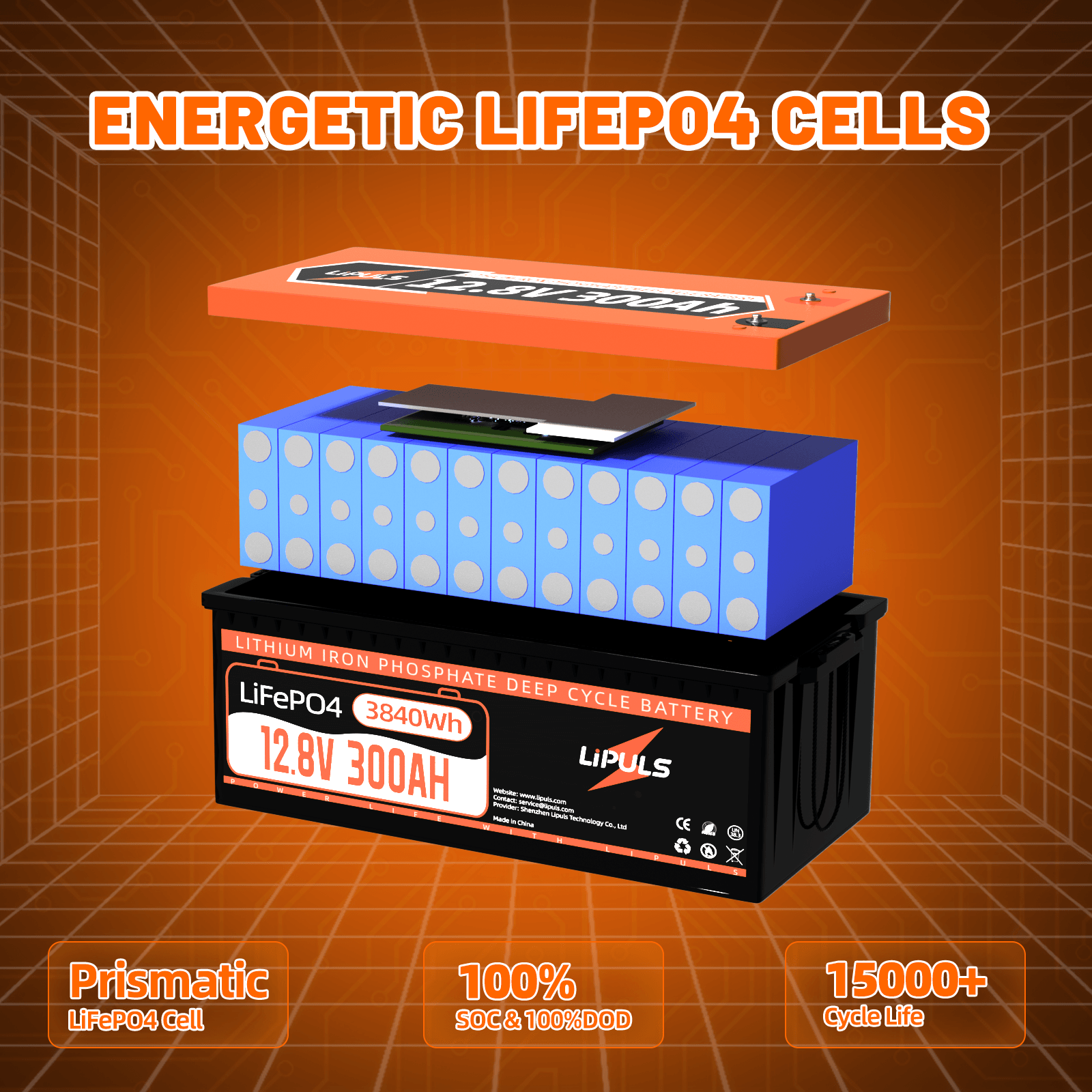 LiPULS 12V 300Ah LiFePO4 Lithium Battery, Built-in 200A BMS, 3840Wh Load Power - LiPULS