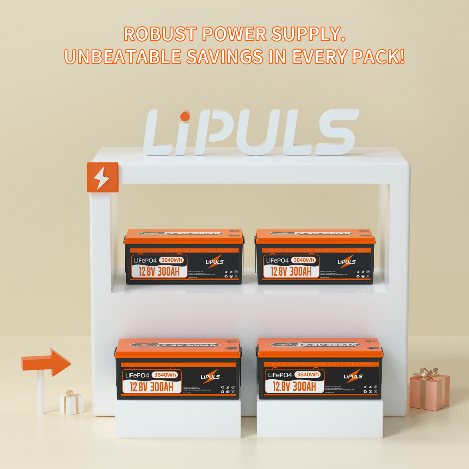 LiPULS 12V 300Ah LiFePO4 Lithium Battery, Built-in 200A BMS, 3840W Load Power (1-4 Pack Series) - LiPULS