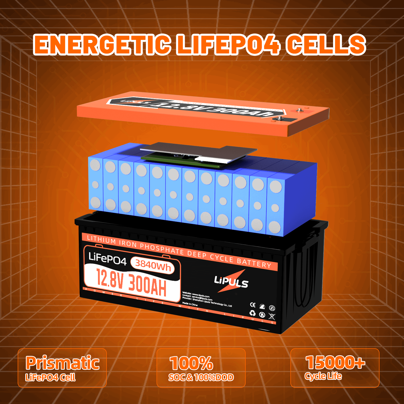 LiPULS 12V 300Ah LiFePO4 Lithium Battery, Built-in 200A BMS, 3840Wh Load Power - LiPULS