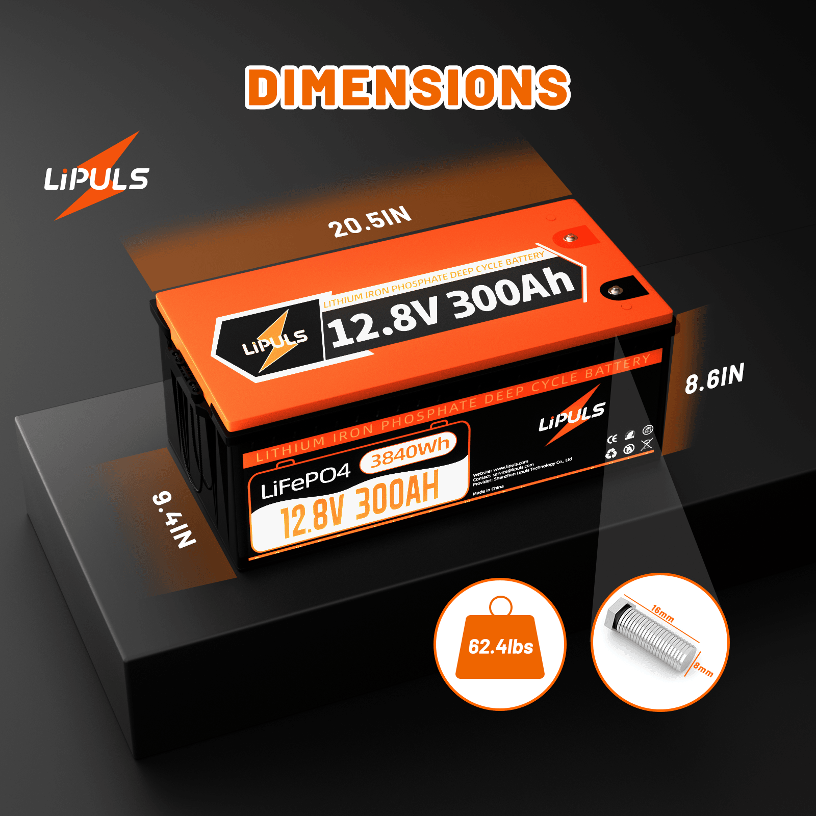 LiPULS 12V 300Ah LiFePO4 Lithium Battery, Built-in 200A BMS, 3840Wh Load Power - LiPULS