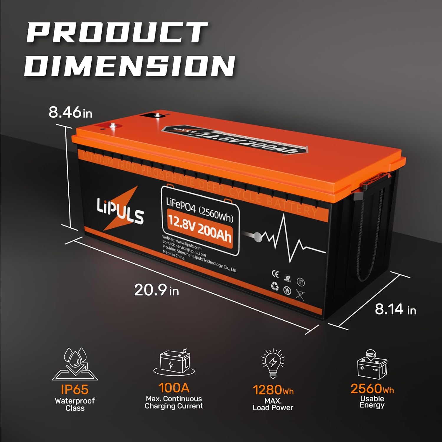 LiPULS 12V 200Ah LiFePO4 Lithium Battery, 100A BMS, Deep Cycle Battery