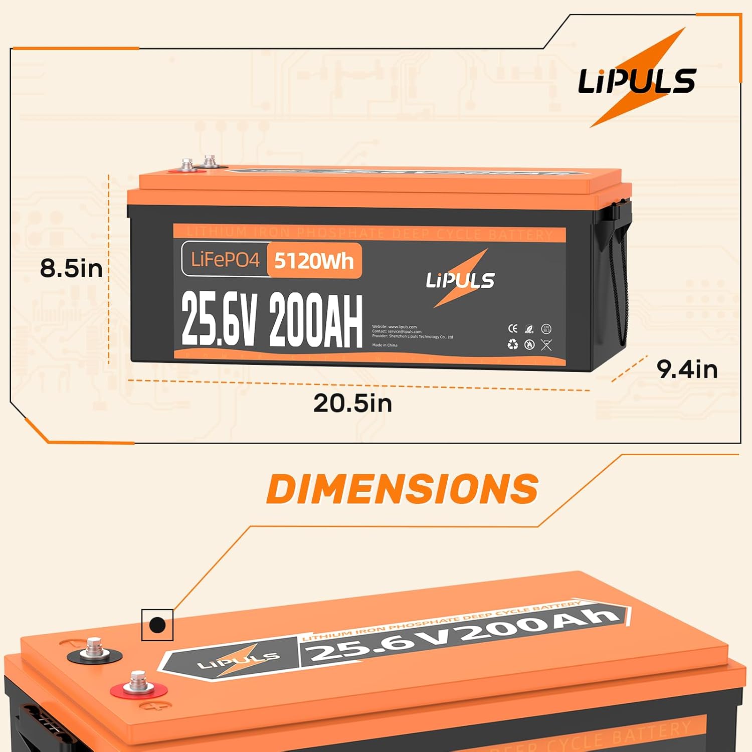 LiPULS 24V 200Ah LiFePO4 Lithium Battery, 100A BMS, 5120Wh