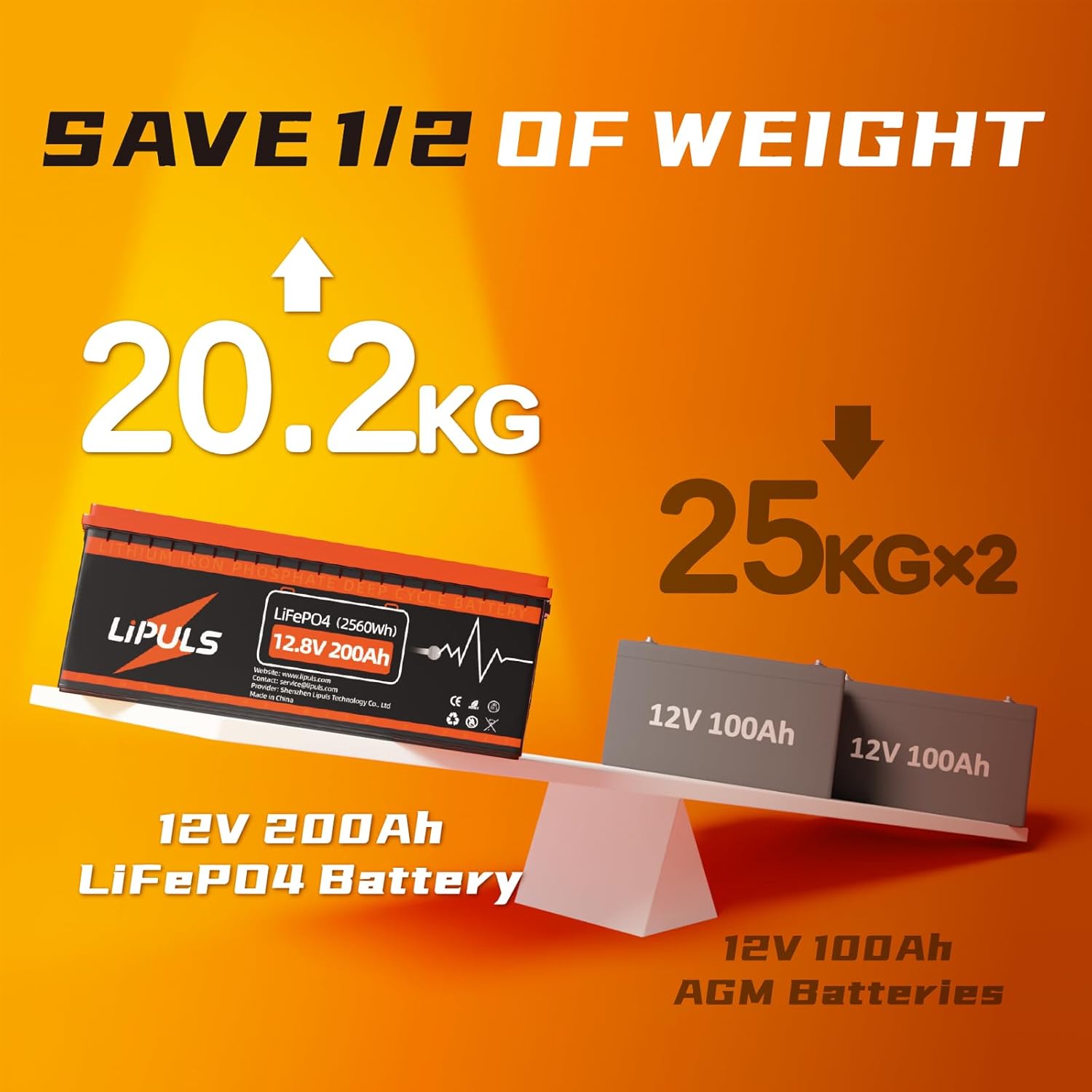 LiPULS 12V 200Ah LiFePO4 Lithium Battery, 100A BMS, Deep Cycle Battery