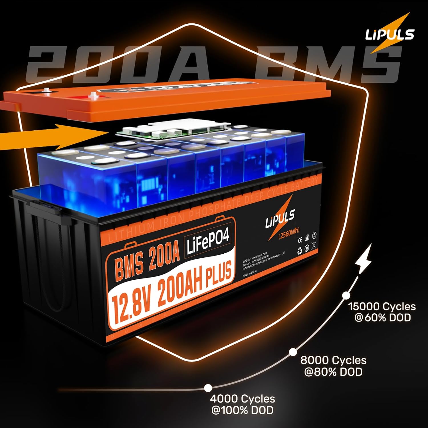 LiPULS 12V 200Ah Plus LiFePO4 Lithium Battery, Built-in 200A BMS, 2560W Load Power