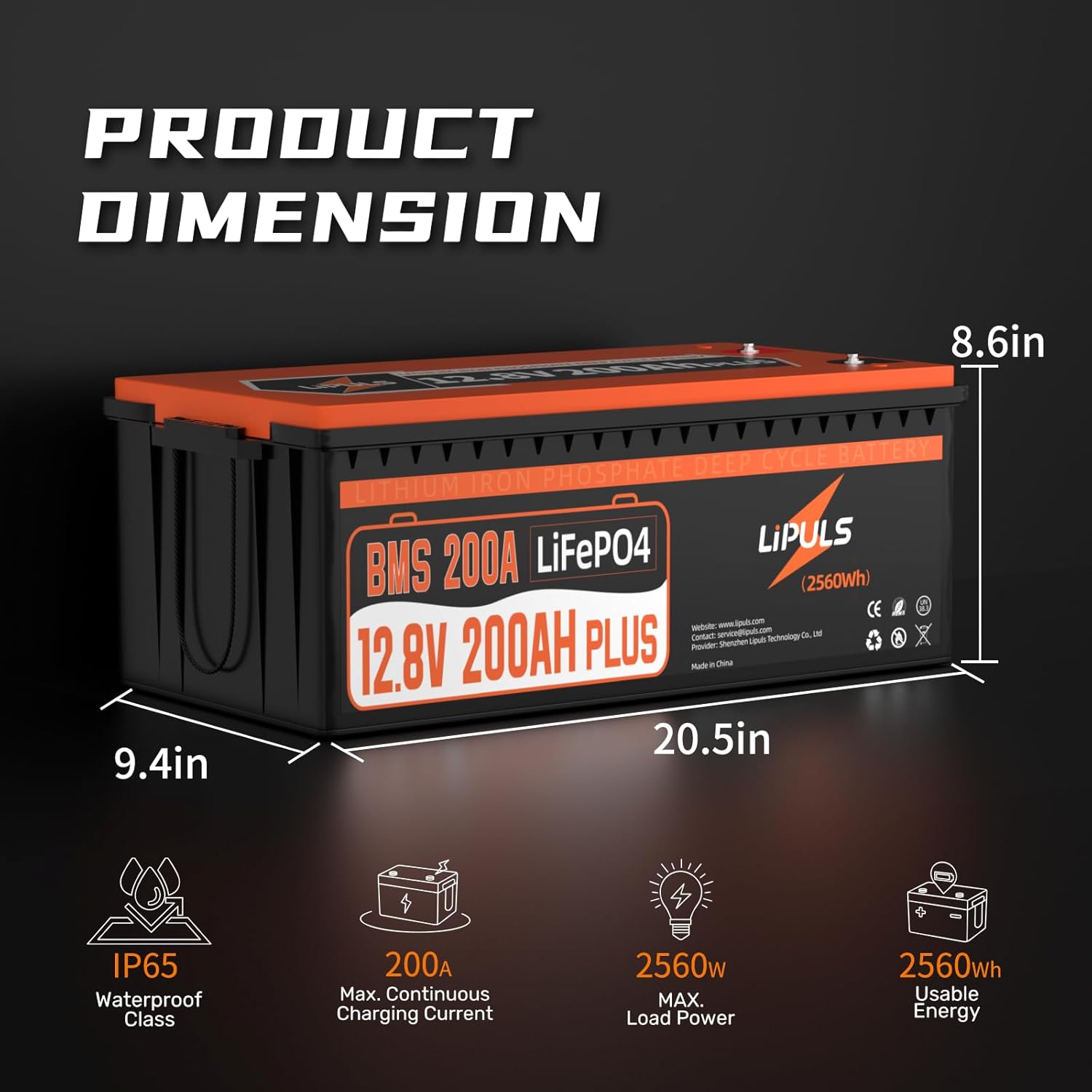 LiPULS 12V 200Ah Plus LiFePO4 Lithium Battery, Built-in 200A BMS, 2560W Load Power