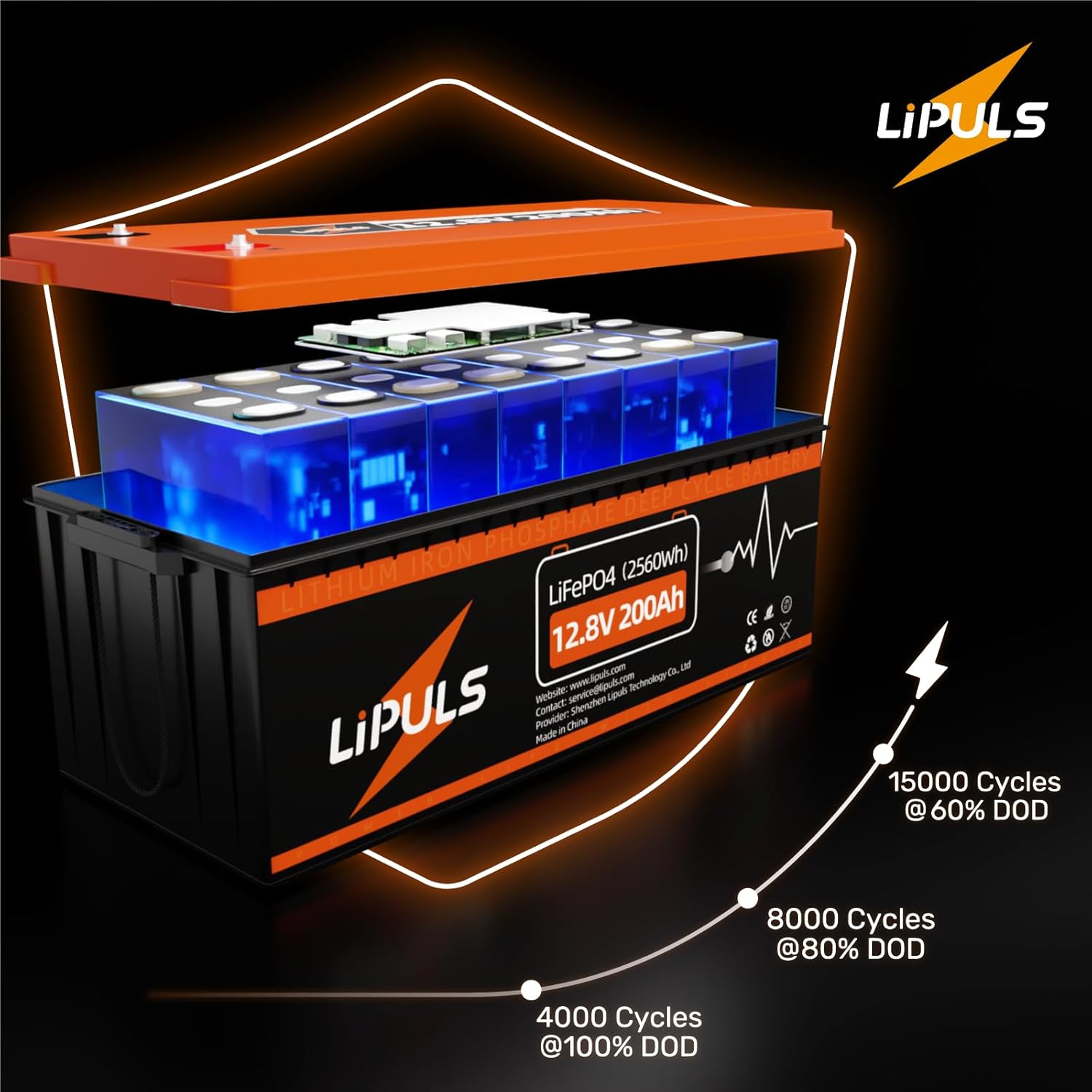 LiPULS 12V 200Ah LiFePO4 Lithium Battery, 100A BMS, Deep Cycle Battery