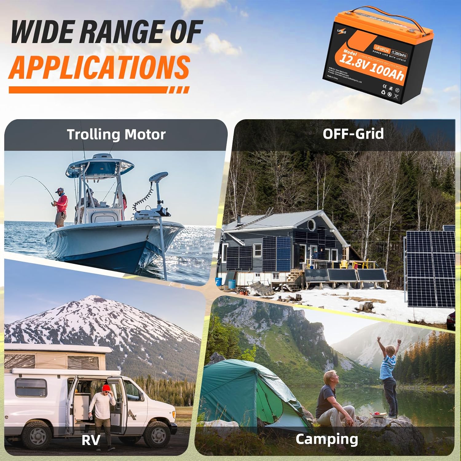 12V 100Ah LiFePO4 Lithium Battery, Group 24 Lithium Battery Built-in 100A BMS and Grade A Cells, 15000 Cycles, Max.1280Wh Energy, Perfect for Trolling Motor, RV, Camping, Solar System